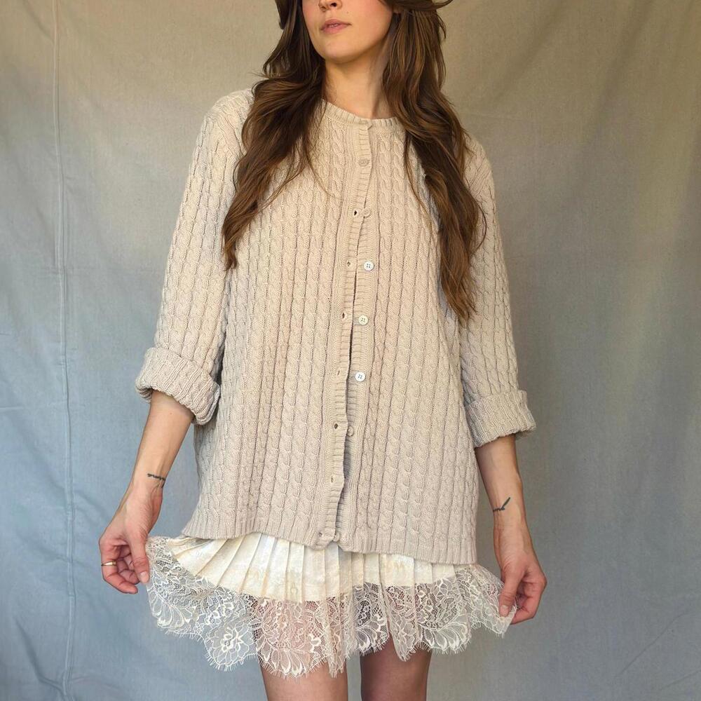 90s Light Beige Cable Knit Cardigan Sweater